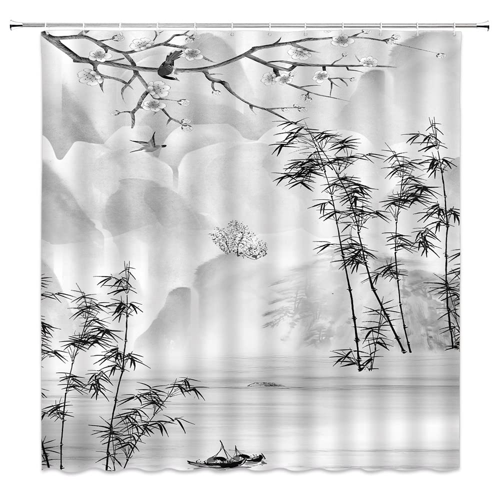 Landscape Shower Curtain Spring Season Pink Flower and Pavilion Scenery on Lake Chinese Style Bathroom Decor Hanging Curtain with Hooks