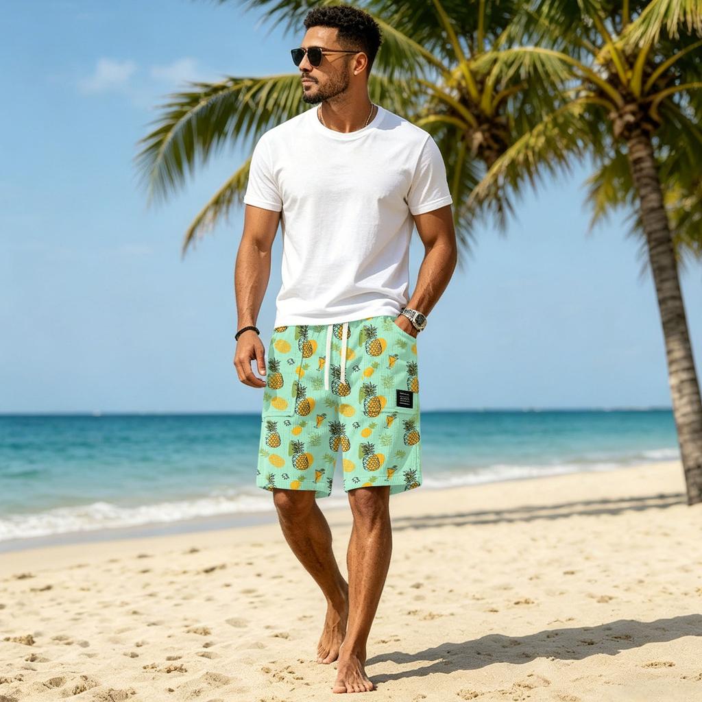 Men's Casual Corduroy Drawstring Shorts Hawaiian Style Tropical Leaf Print Lightweight Comfortable Fit