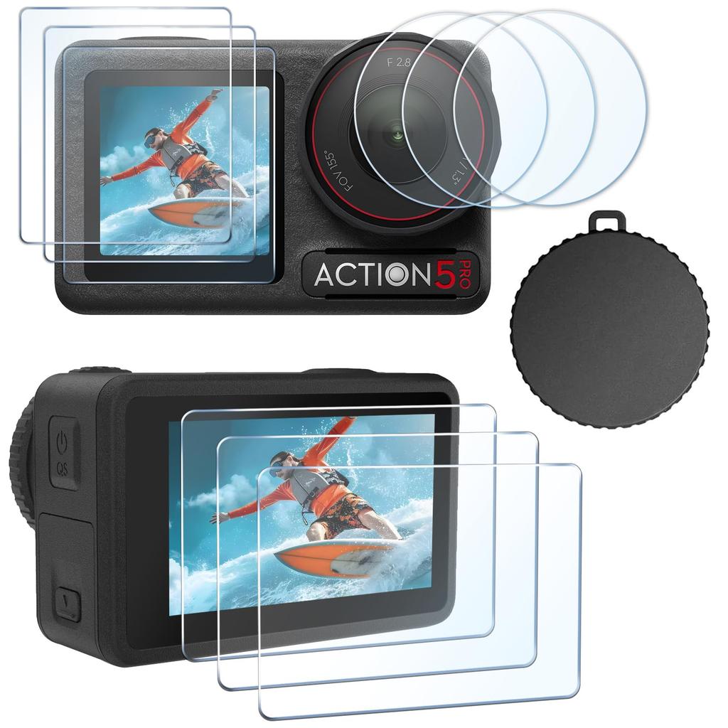 FitStill Tempered Glass Film Set for DJI Osmo Action 5 3 Screen Protectors 3 Protectors 3 Lens Protectors 1 Silicone Lens 9H and Pro + Sub-Screen + +