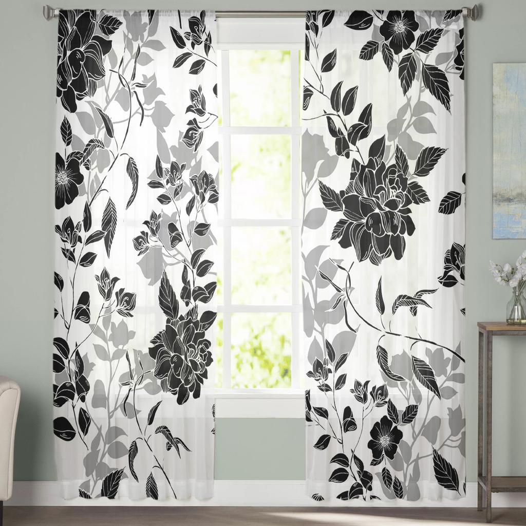 Transparente Vorhänge mit schwarzen und weißen Blumen, moderner Gaze-Vorhang für Wohnzimmer, Schlafzimmer, Voile-Garnvorhänge