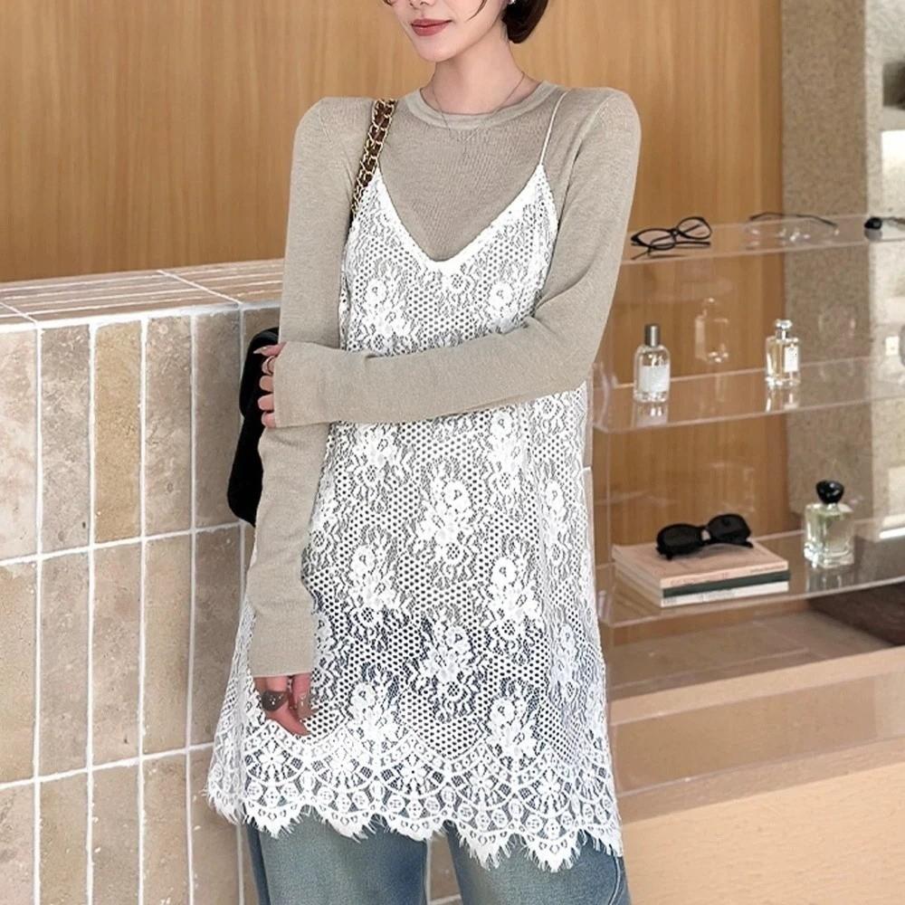 Ins Beach Wear Lace Camisole Skirt V-neck Sweet Lace Underskirt Slips Transparent Sling Skirt Petticoat Party