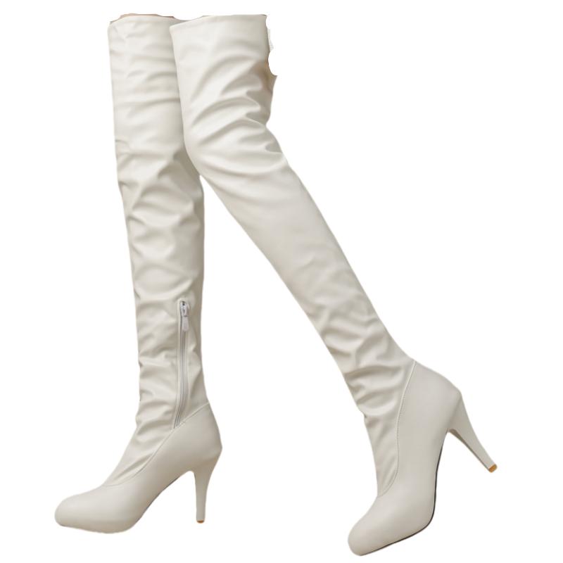 Svarte Hvite Over Kneet Lårhøye Støvletter Kvinner Vinter Festsko Tynne Hæler Elastiske Dames Lang Støvel Stor Størrelse 45 Fottøy