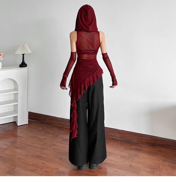 2025 Halloween Red Cowl Neck Hooded Ruffle T-shirt for Women