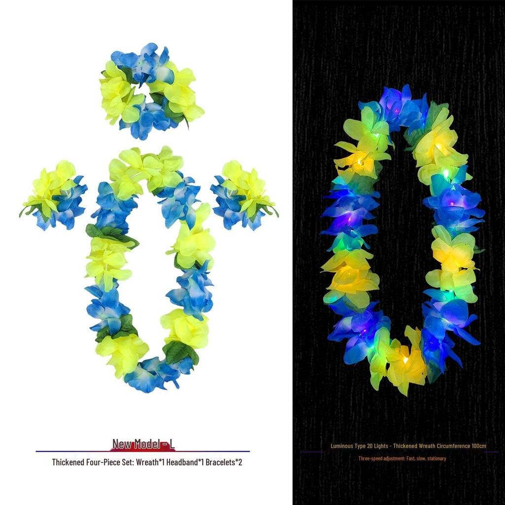Hawaiian Luminous Flower Garland & Hula Skirt Set - Summer Costume Accessories for Annual Stage Events