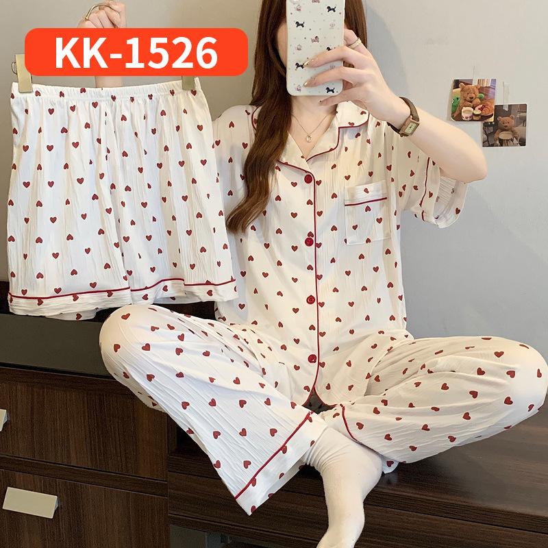 Women's Summer High-Quality Crinkle Fabric Heart Pajama Set - Short Sleeve Three-Piece Loungewear for Indoors or Outdoors