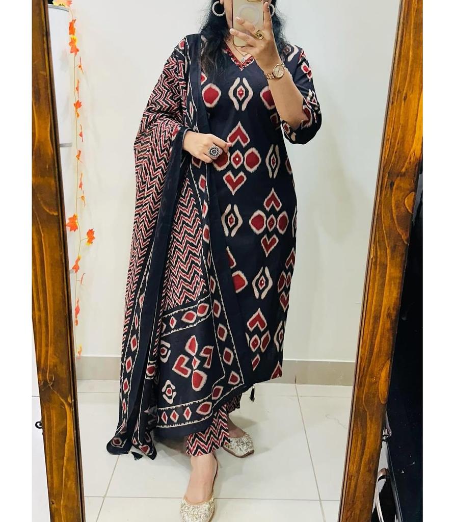 Indian Women Designer Cotton Printed Kurta Pant Duaptta Set Salwar Suit Party Wear Top Tunic
