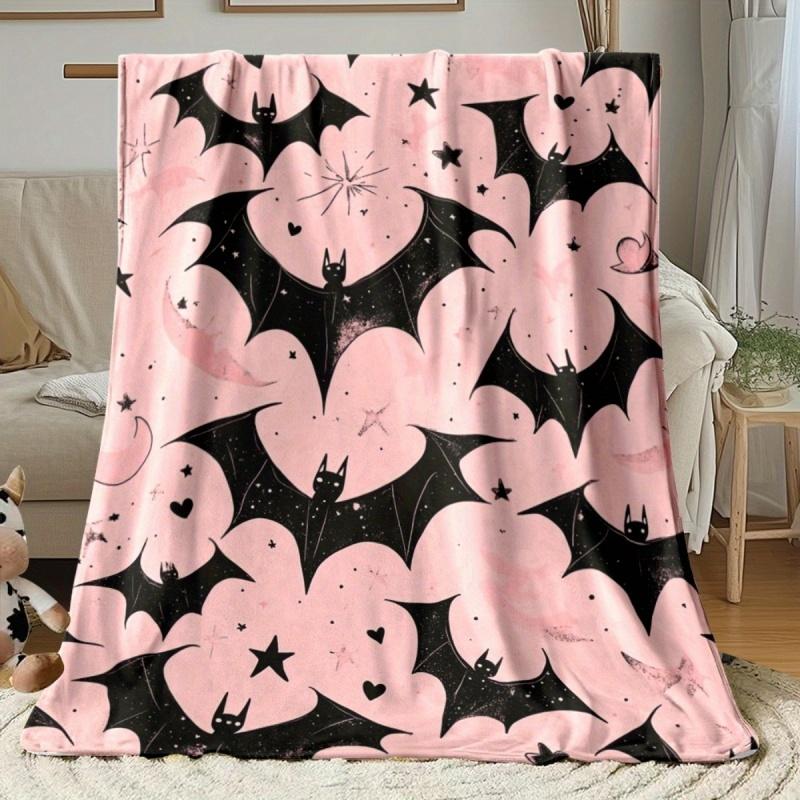 Pink Background Black Bat Star Moon Halloween Flannel Throw Blanket, Soft Holiday Blanket for Girls Sofa Bedroom Home Decor
