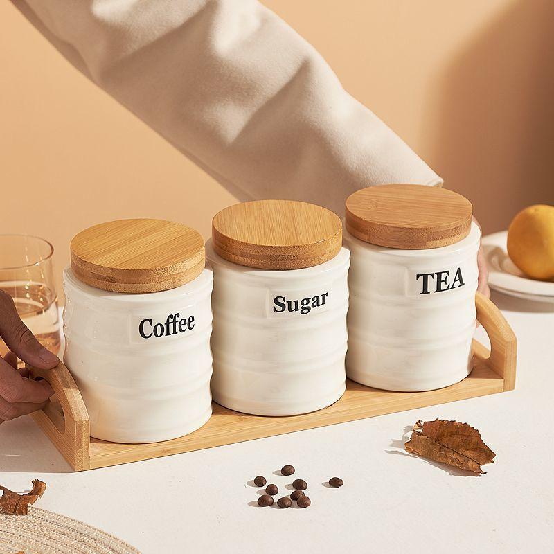 3PCS Ceramic Storage Jars Set with Bamboo Lid for Coffee Sugar Tea - Kitchen Airtight Canisters & Organizers - Home Baking Suppl
