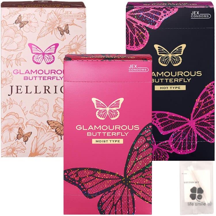 типы JEX Glamorous Butterfly Hot Moist Gel Rich Smooth Lubricating Jelly Latex Rubber поставляется с оригинальным хлопковым набором [3 шт. в ассортименте]