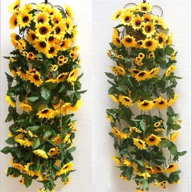 260cm Simulated Sunflower Vine Sunflower Flower Wreath Home Pipe Wrapped Decorative Flower Strip Wedding Flower Arch Decoration