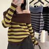 2026Fashion Chic Striped Off Shoulder Sweater Vintage Long Sleeve Knit Top Loose Korean Pullover Y2k Streetwear Warm Winter Sweaters Sweet Clothing