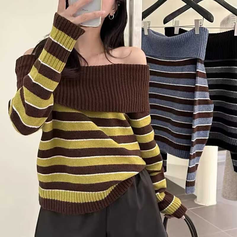 2026Fashion Chic Striped Off Shoulder Sweater Vintage Long Sleeve Knit Top Loose Korean Pullover Y2k Streetwear Warm Winter Sweaters Sweet Clothing