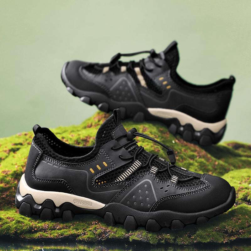 

Сетчатые туфли для активного отдыха, легкие дышащие походные туфли, летние нескользящие, противоударные, удобные кроссовки, спортивная обувь для мужчин, кожа 46 чёрный