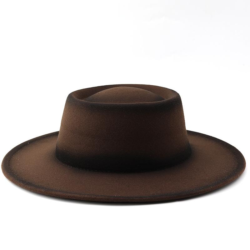 Plus. Chapeau de feng automne et hiver chapeau en laine sommet concave et convexe chapeau jazz dégradé peinture en aérosol bicolore tendance M(56-58cm) café