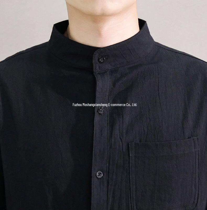 Men's Summer Korean Style Cotton-Linen Slim Fit Linen Shirt with Five-Point Sleeves.