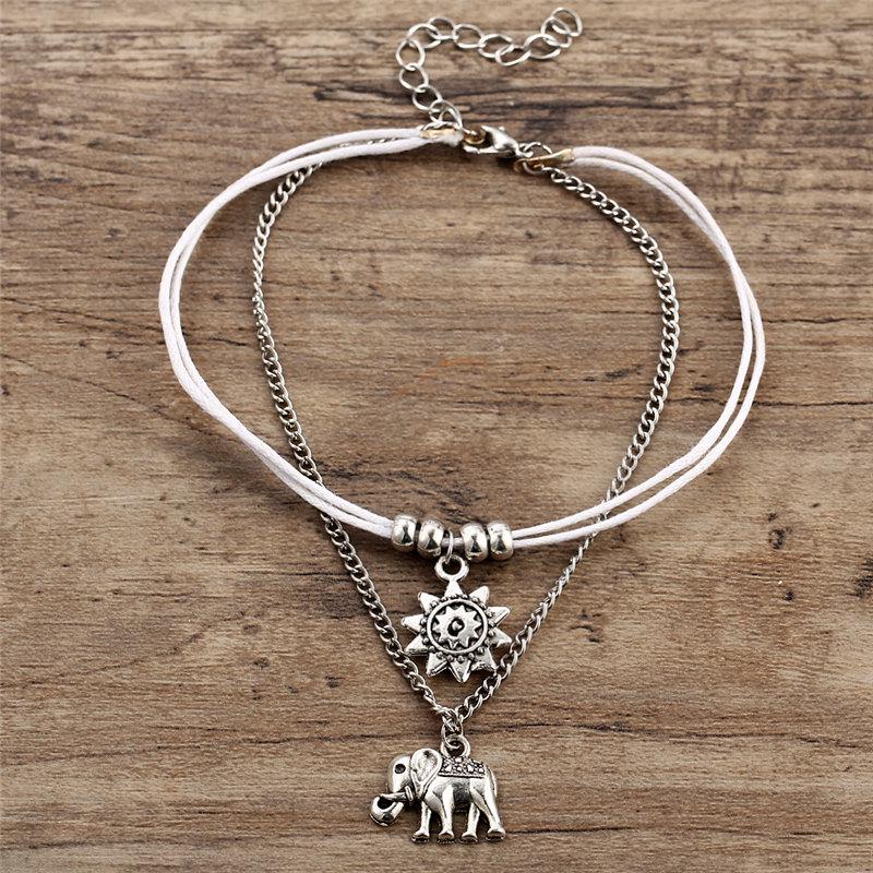 Vintage Multiple Layers Anklets For Women Retro Elephant Sun Pendant Foot Jewelry Barefoot Sandals Ankle Bracelet on the Leg New