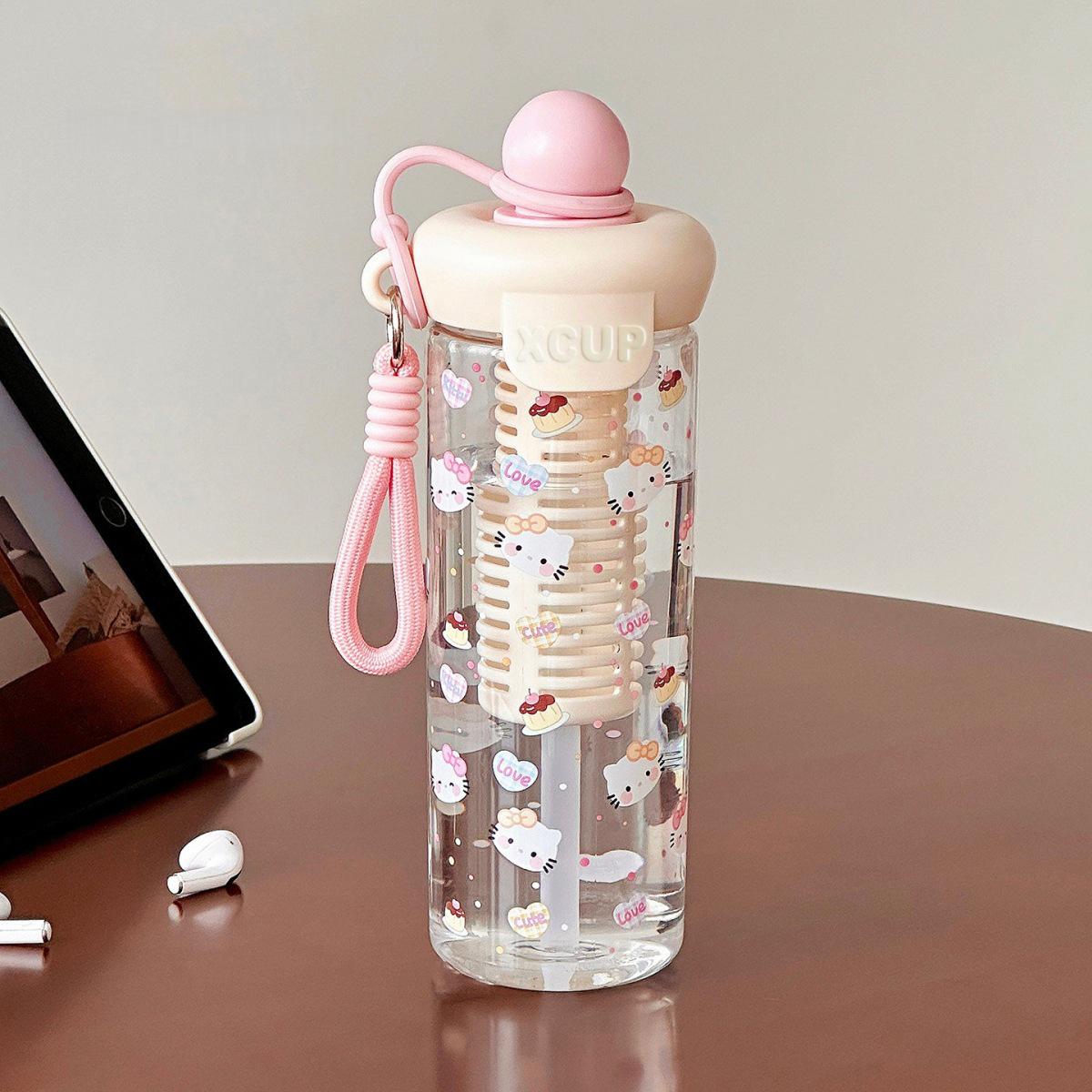 Большая емкость, милая мультяшная пластиковая кружка с трубочкой для девочек - Портативный летний дизайн 600ml розовый
