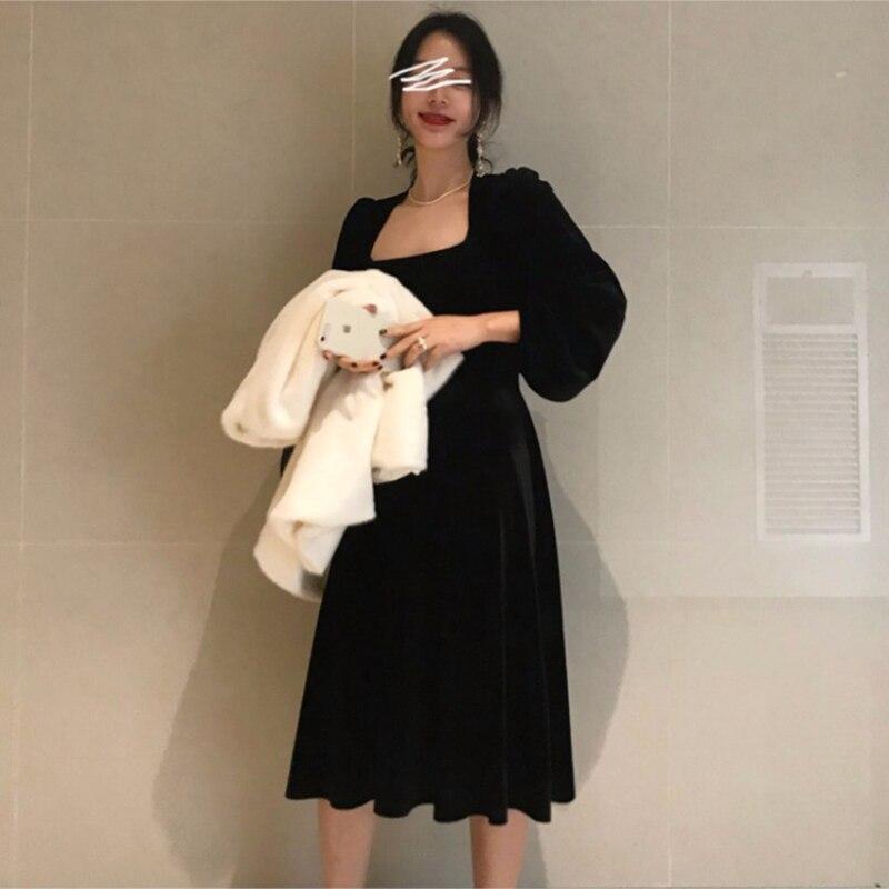 Spring Velvet Women Dresses Korean Vintage Square Collar Foam Sleeve Long  Sleeve Small Black Fashion Casual Dress  buy at low prices in the Joom  online store