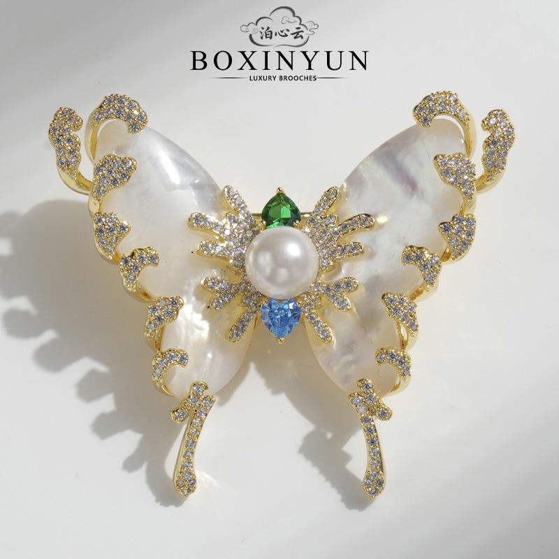 Bo Xin Yun Luxury Natural Shell Mother-of-Pearl Butterfly Brooch for Women, European American Style
