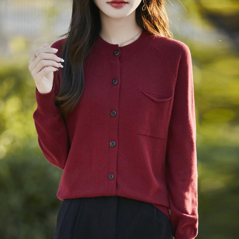 Autumn and Winter Top Rolled Edge Pocket Pure Cotton Sweater Round Neck Long Sleeve Korean Cardigan Women's Style