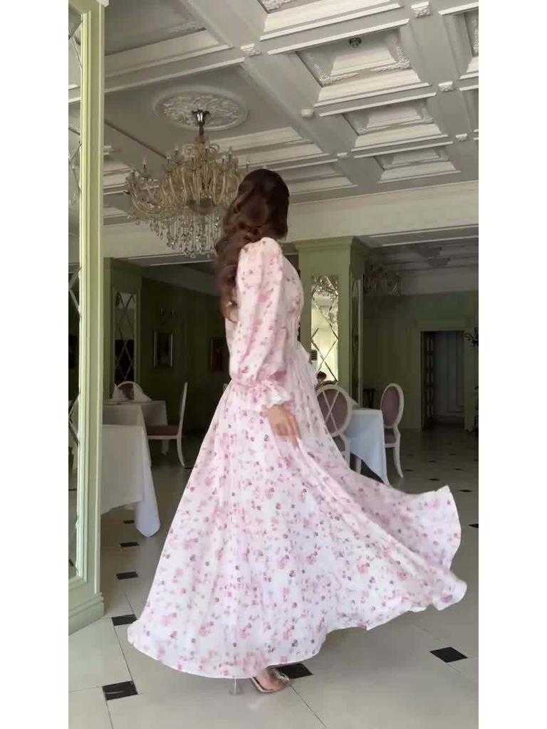 2025 Frühling Retro Elegantes Florales Langes Kleid mit Taillenbetonenden Langen Ärmeln für Damen.