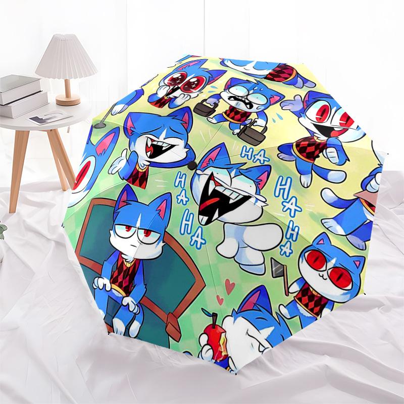 1 Stück Blaue Katze Outdoor-Regenschirm - Automatisches Öffnen/Schließen, Tragbares 3-fach faltbares Design, 8-Speichen-Eisenrahmen, Perfektes Geschenk für Fans, Reisende, Tägliche Nutzung.N048