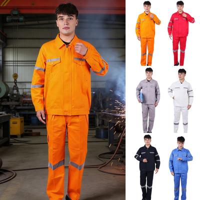 2 Stück/Set Schweißarbeitskleidung Revers Langarm Reißverschluss Jacke Lange Hose Set Reflektierende Streifen Hochintensive Arbeitskleidung