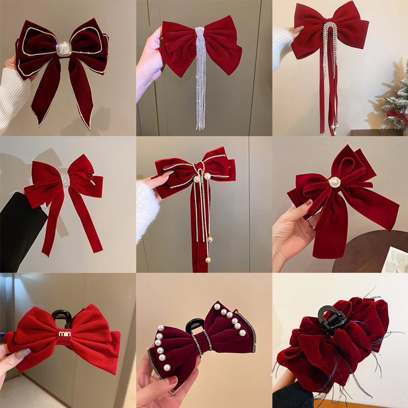New Year Red Autumn and Winter Velvet Bead Diamond Bow Hairpin Sweet Internet Celebrity Head Senior Hair Accessories