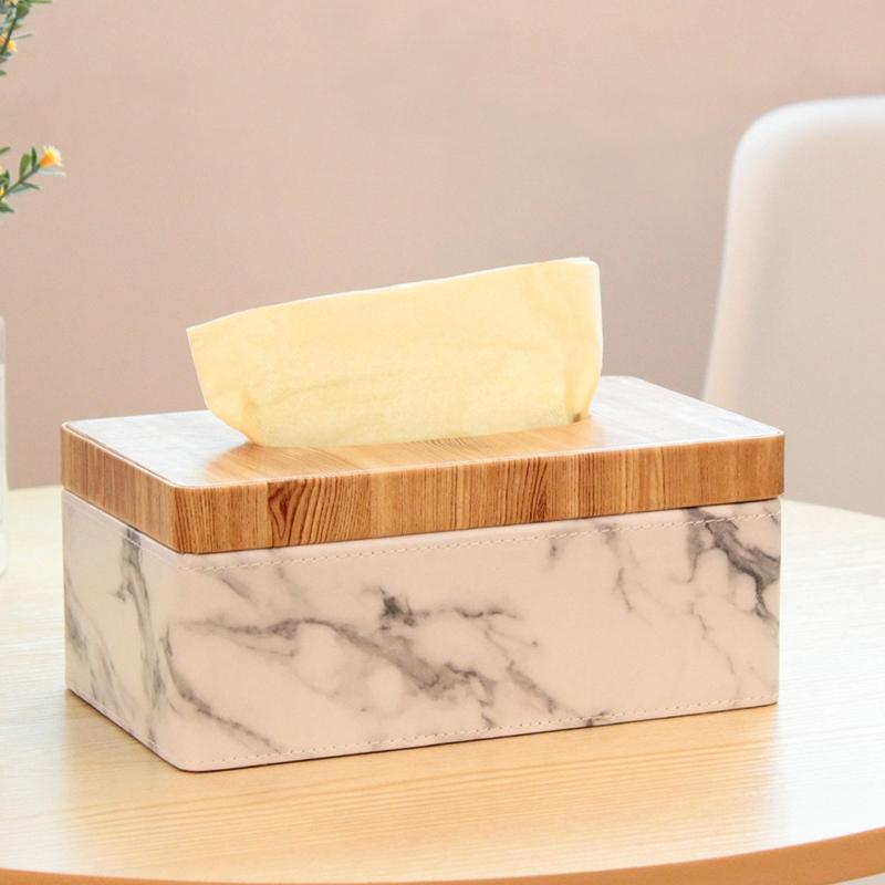 BAAU Rectangular Marble PU Grain Tissue Box Cover Napkin Holder Paper Towel Dispenser Container for Home Office Decor