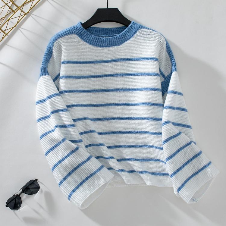 

Cardigan Vintage Loose O-Neck Long Sleeve Knitwear Sweater Stripe Top Autumn Winter S синий