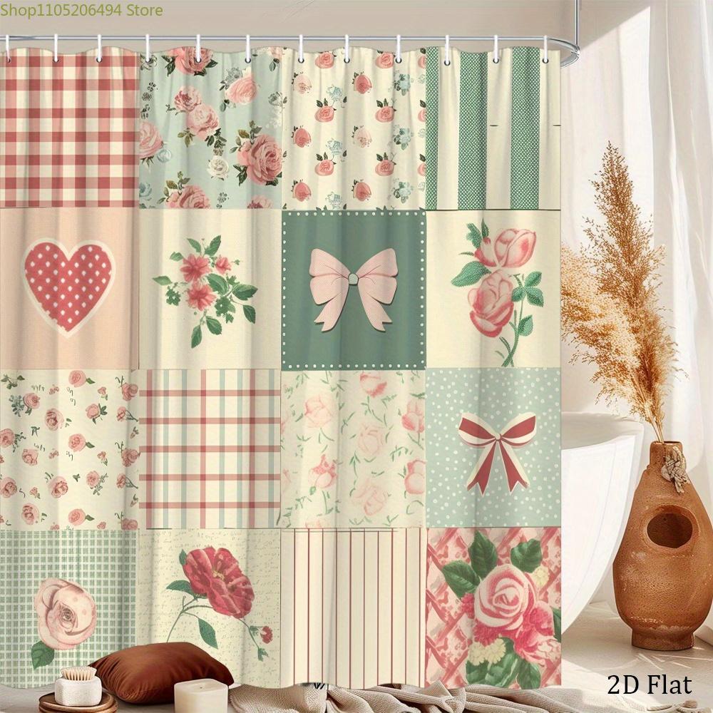 [Vintage Shower Curtain] 1pc Vintage Floral & Plaid Patchwork Shower Curtain | Pastel Roses & Checkered Patterns with Heart &