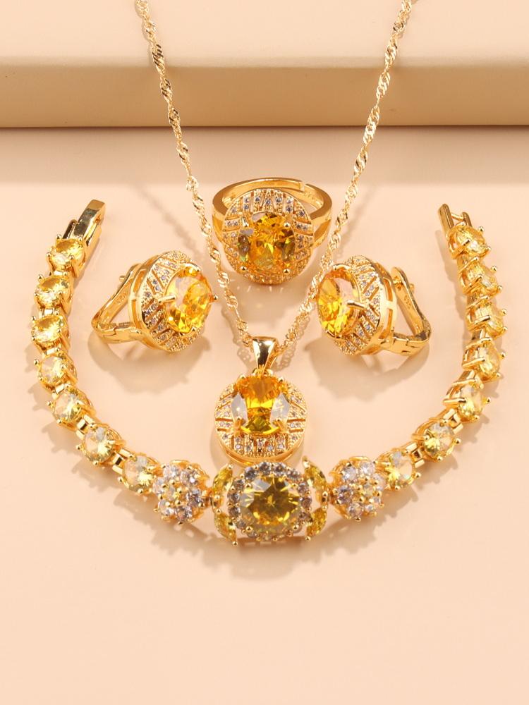 Luxury Wedding Bridal Costume Jewelry Accessory  Gold Plated Women'S Earrings Necklace Pendant Bracelet And Ring Gift Sets
