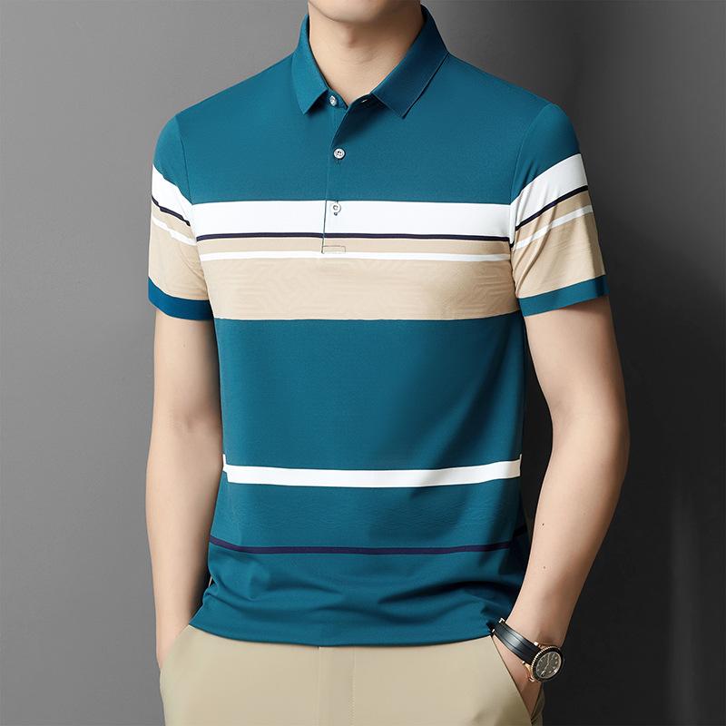 Papa Kurzarm Reine Baumwolle Kontrastfarbe Maschinenwaschbar Gestreift Lässig Herren T-Shirt Revers Locker Poloshirt