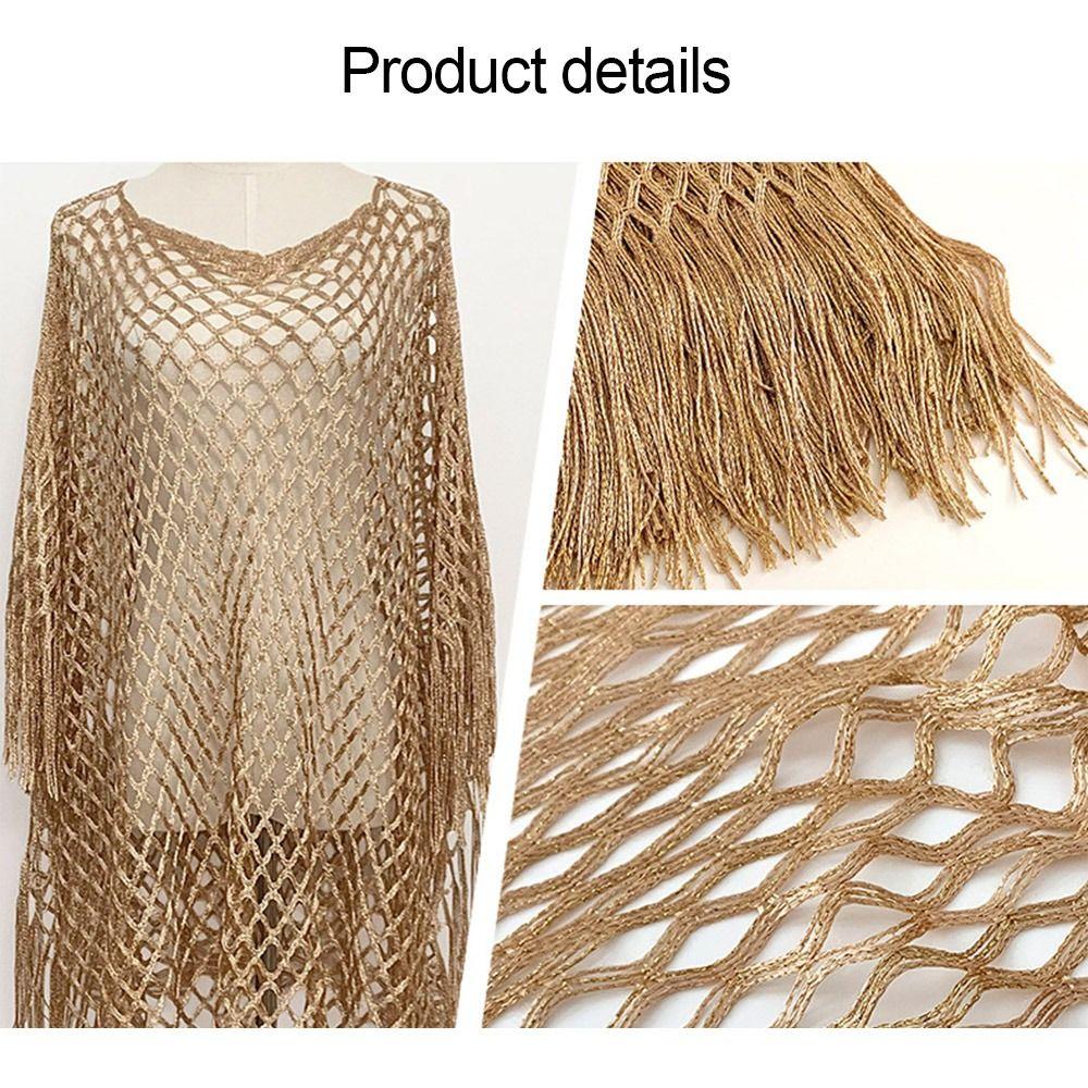 Knitted Shawl Jacket Gold Silver Wire Mesh Poncho Simple Design Cover Up  Vacation