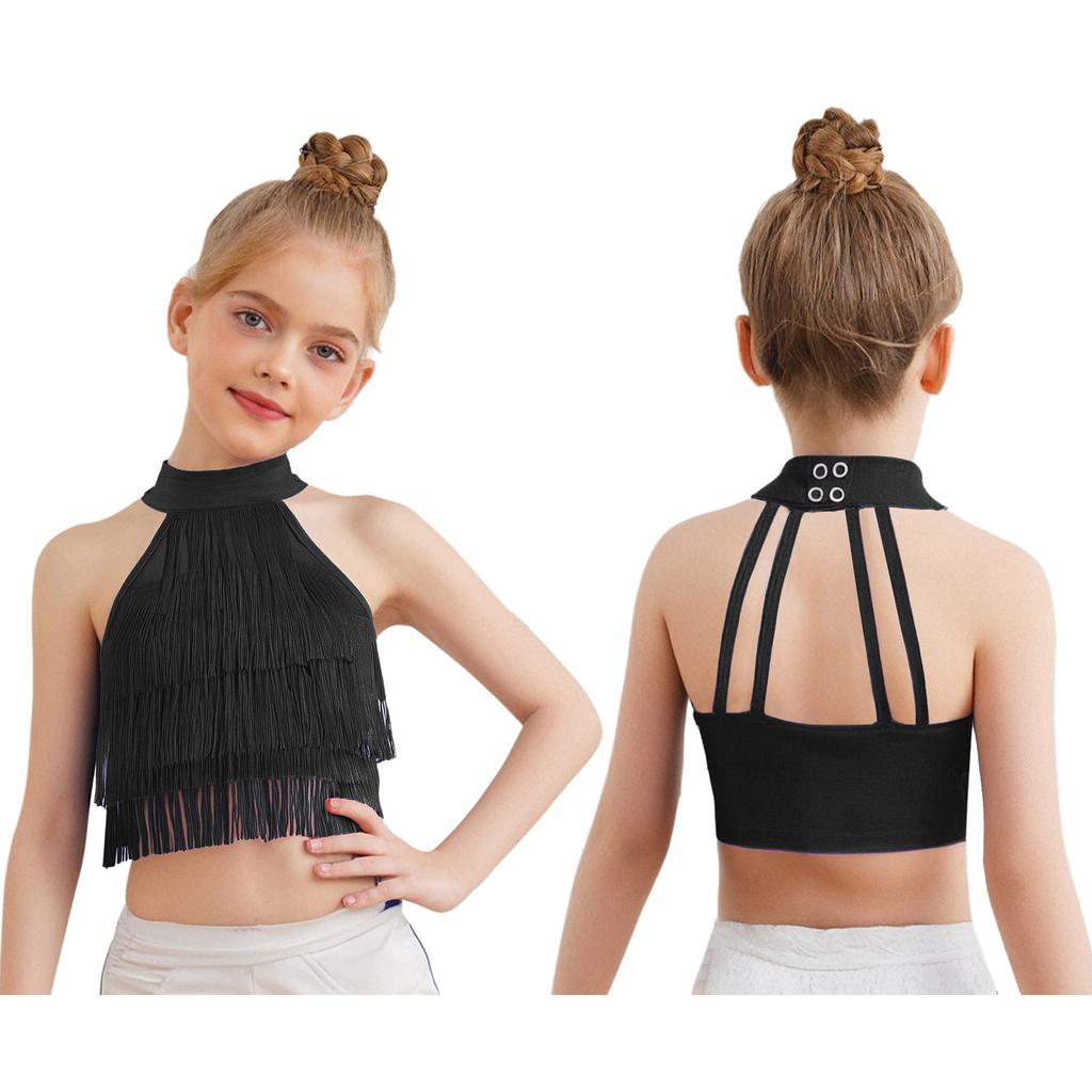 Vielseitiges Latein-Performance-Oberteil für Mädchen: Fransen Crop Top mit offenem Rücken & mehrlagigen Quasten für Salsa, Tanz & Halloween