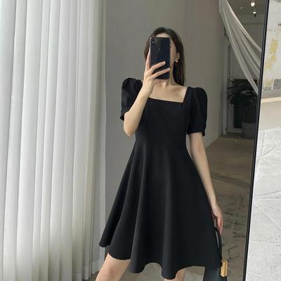 Hepburn Style Little Black Dress Women's Summer New French Retro Square Collar Medium and Long Black Bubble Sleeve Dress