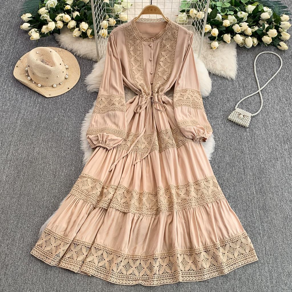Lace Patchwork Round Neck Long Sleeved Dress for Women In Spring  Autumn Buttoned Drawstring Waist Cinching Slimming Cake Women Dress