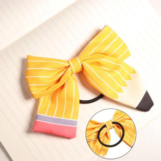 Women Hair Rope Yellow Striped Pencil Bowknot Decor Hair Tie Back-to-School Teachers Students Hair Accessories