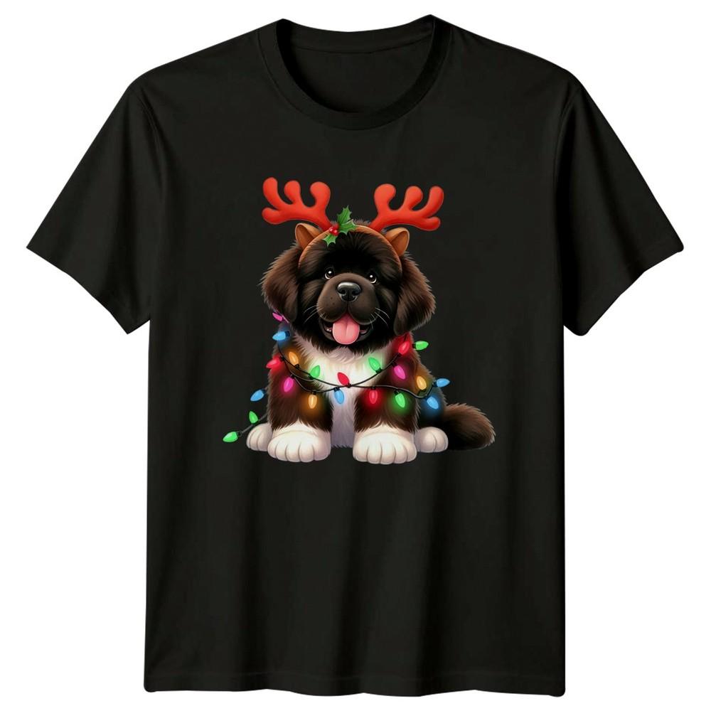 Christmas Puppy Reindeer Antlers Holiday Lights Unisexs Unisexs Graphic Tee