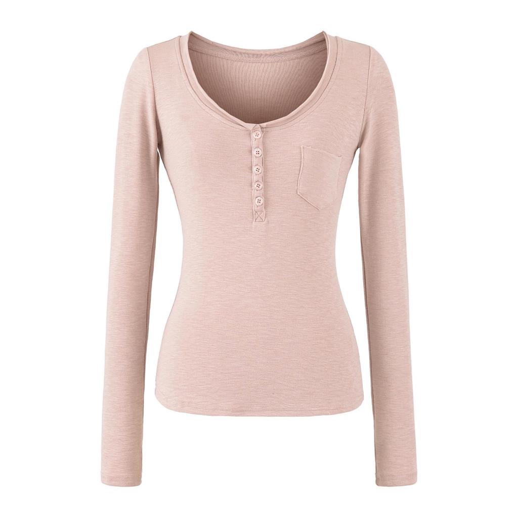 Women's Slim-Fit Long-Sleeve Henley V-Neck Top with Pocket, Stretchy Fine Cotton, Spring/Autumn Style