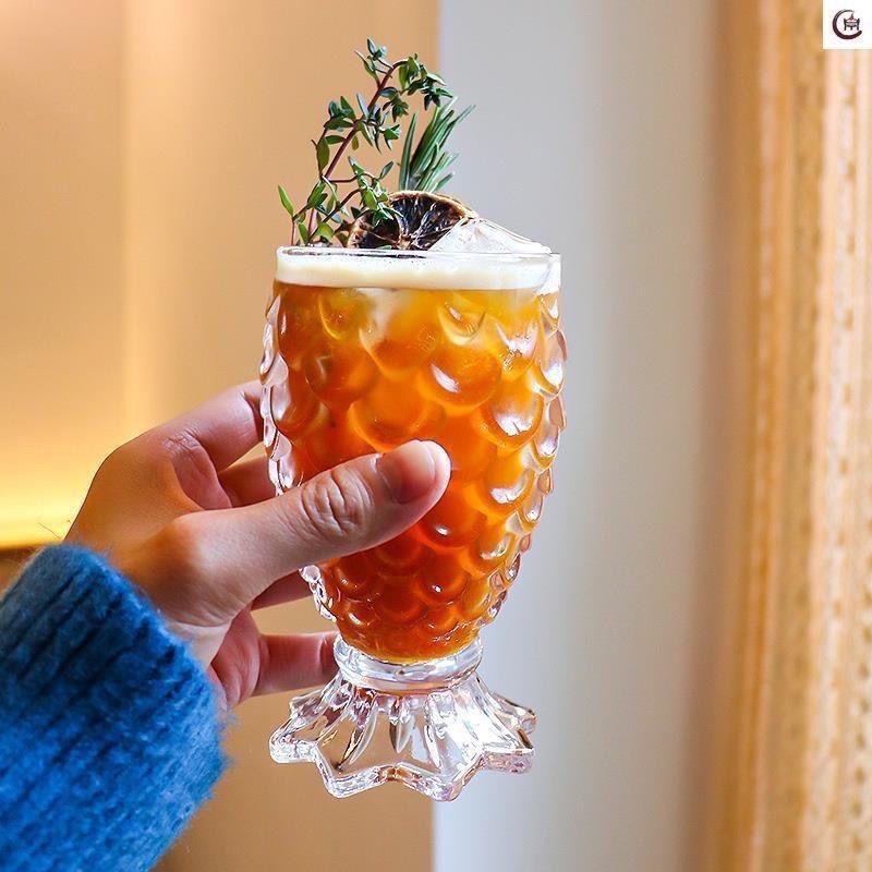 Crystal Glass Pineapple Embossed Tumbler, Vintage Beer Whiskey Water Cup, Decorative Drinking Glass for Home & Wedding