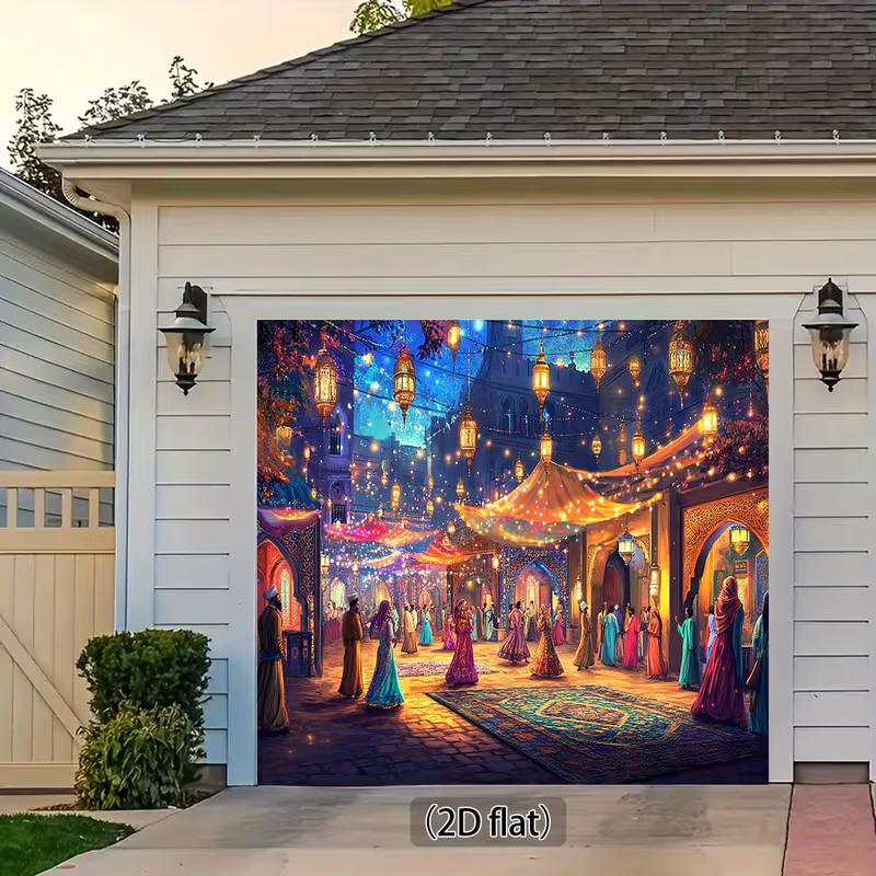 2D Ramadan Festival Backdrop, Magical Arabian Night Market with People Banner