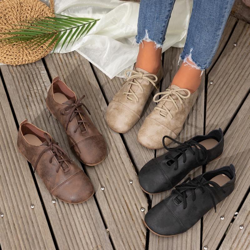 Large Size Women's Flats 2026 Spring Autumn Vintage Lace Up Fashion Single Shoes Lightweight Comfortable Soft Sole Casual Shoes