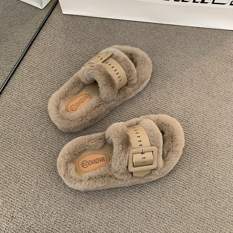 Mao Mao slippers women's wear 2025 autumn and winter new Korean version of one-word slippers fashion belt buckle plush cotton slippers