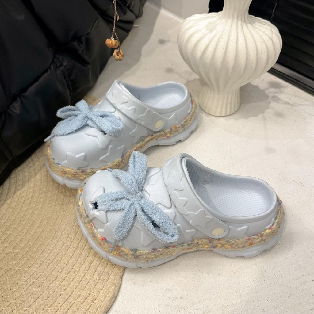 Fashion Platform Fairy Wind Bow Hole Shoes Girl Heart Cute Beach Cool Slippers 2025 Summer New