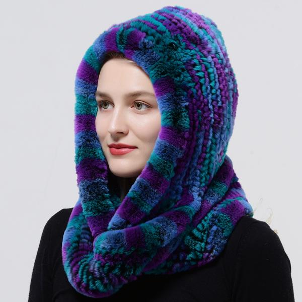 

Зимняя шапка-капюшон вязаная из меха кролика рекс многоцветная головной убор женская теплая меховая шапка One Size