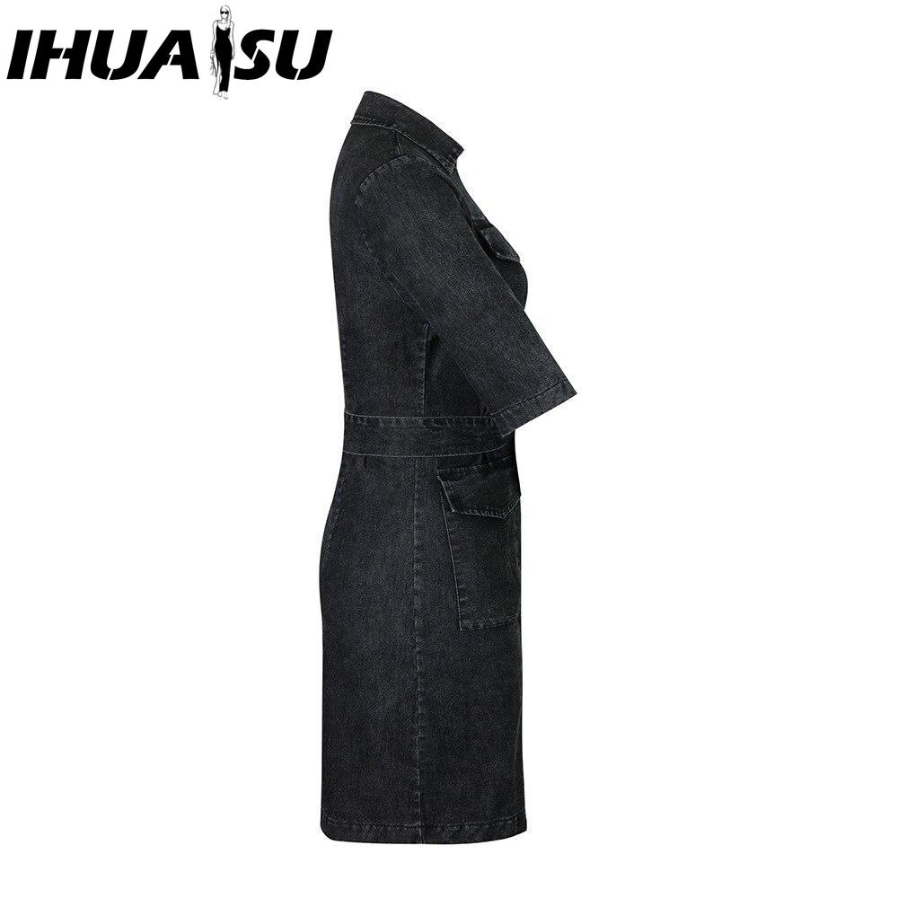 IHUASU Women's Fashion Short Sleeve Zip Up Denim Dress Summer Spring