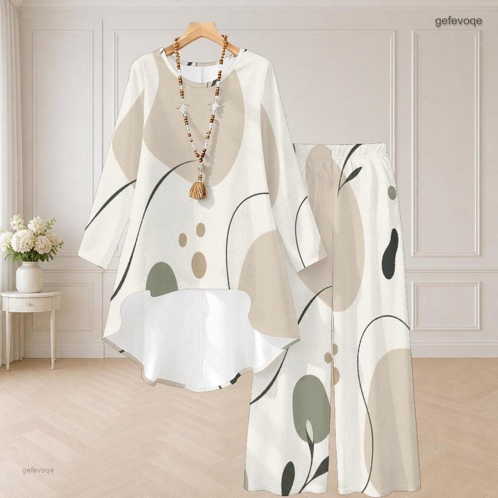 Women Plus Size Round Neck Long Sleeve Printed High Low Top Wide Leg Pants Two Piece Set