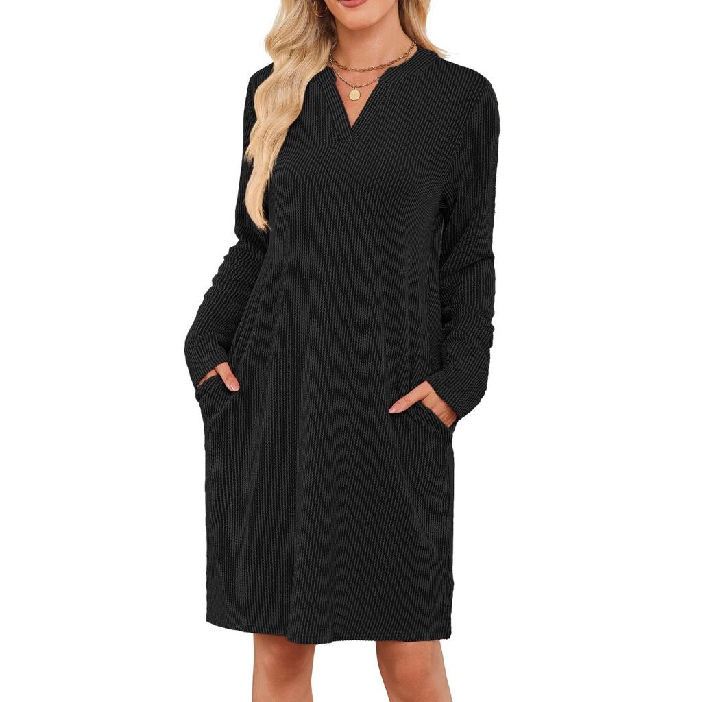 Fall Winter Women's Loose V-neck Long Sleeve Pocket Casual Loungewear Dress, European American Crossbody Fashion