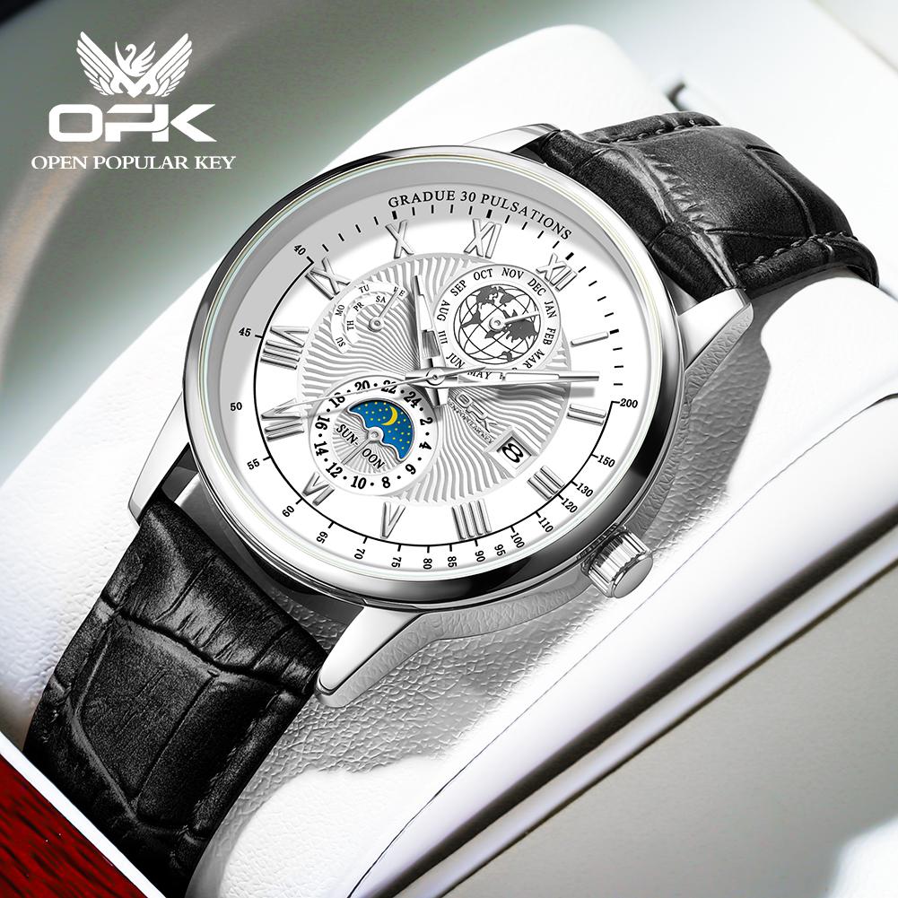 OPK 8153 Fashion Business Men's Quartz Wristwatch Luminous 24 Hour Moon Phase Leather Strap Waterproof Man Watch Luxury